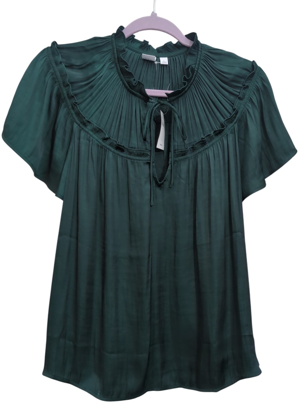 NWT Gap Emerald Green Pleated Ruffle Tie Neck Flutter Sleeve Blouse Size Large